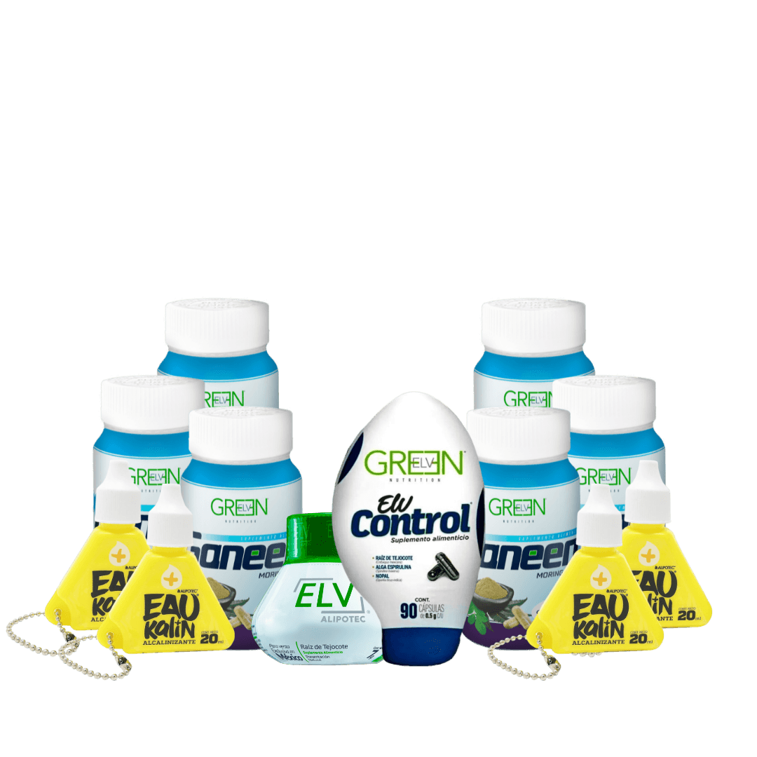 Kit Paquete Tratamiento Completo ELV Control Green Original Distribuidor Oficial México CDMX EDOMEX Estado de México Suplemento Alimenticio Alipotec Raíz de Tejocote Ganeem Eau Kalin Imagen PNG Sin Fondo