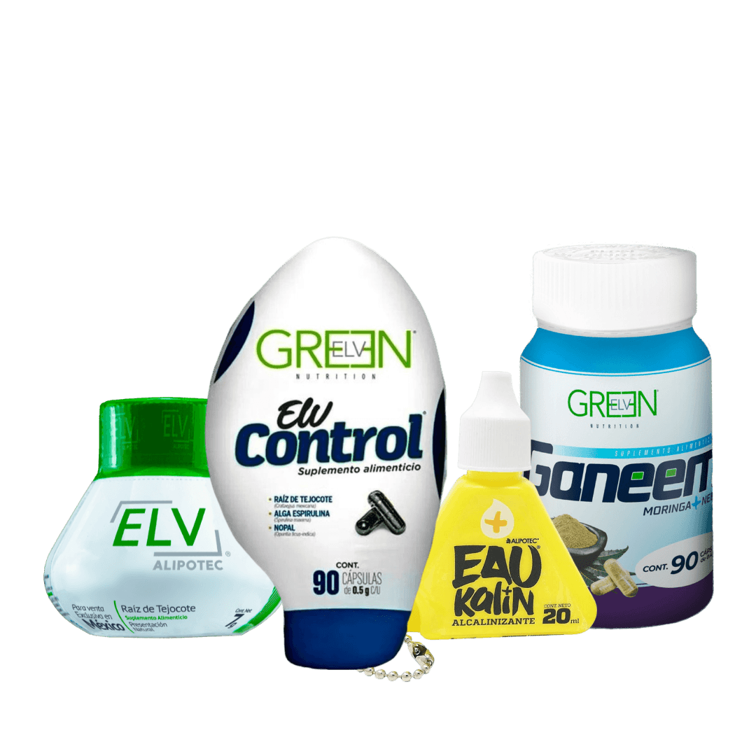 Kit Paquete Tratamiento Completo ELV Control Green Original Distribuidor Oficial México CDMX EDOMEX Estado de México Suplemento Alimenticio Alipotec Raíz de Tejocote Ganeem Eau Kalin Imagen PNG Sin Fondo